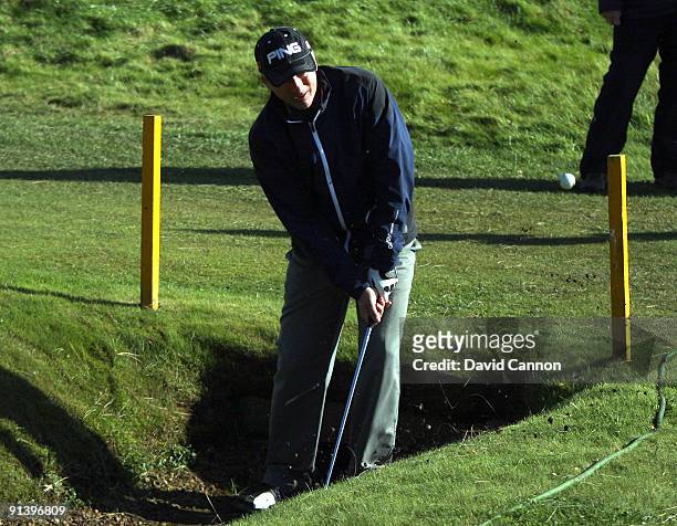 Steve Waugh of Australia plays his third shot at the 9th hole during the third round of the Alfred Dunhill Links Championship at Carnoustie, on...