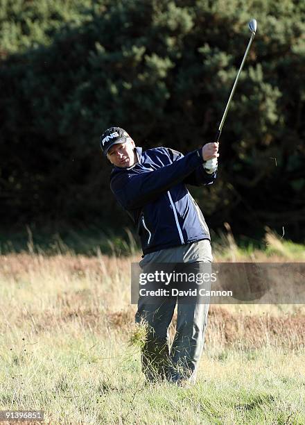 Steve Waugh of Australia plays his second shot at the 9th hole during the third round of the Alfred Dunhill Links Championship at Carnoustie, on...