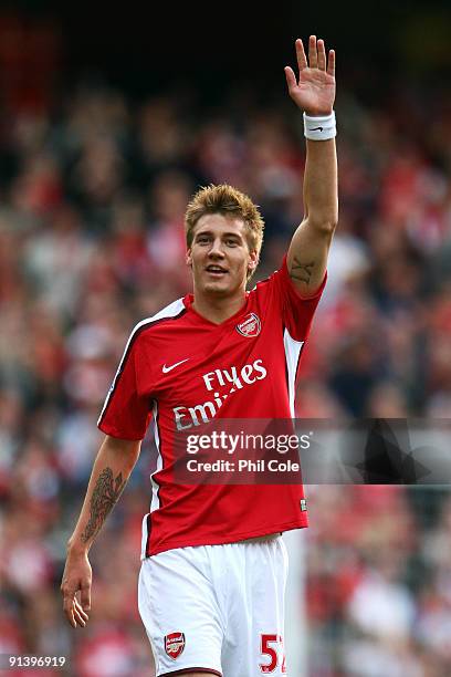 Nicklas Bendtner of Arsenal celebrates after he scores his teams sixth goal during the Barclays Premier League match between Arsenal and Blackburn...