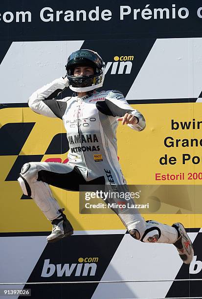 Jorge Lorenzo of Spain and Fiat Yamaha Team celebrates his victory on the podium after MotoGP race of the Grand Prix of Portugal in Estoril Circuit...