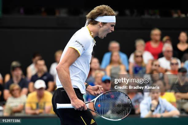 Alexander Zverev of Germany celebrates winning a break point in the match against Nick Kyrgios of Australia during the Davis Cup World Group First...