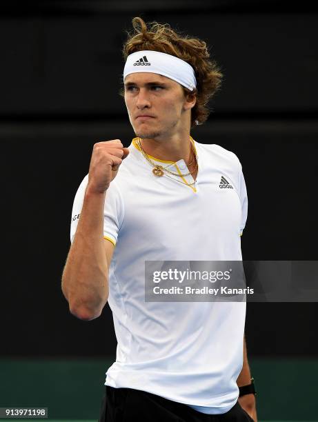 Alexander Zverev of Germany celebrates winning a point in the match against Nick Kyrgios of Australia during the Davis Cup World Group First Round...