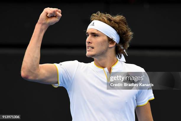 Alexander Zverev of Germany celebrates after winning the second set in the match against Nick Kyrgios of Australia during the Davis Cup World Group...