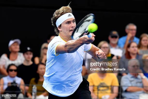 Alexander Zverev of Germany stretches out to play a forehand in the match against Nick Kyrgios of Australia during the Davis Cup World Group First...