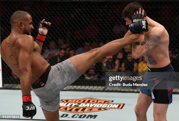 Sergio Moraes of Brasil kicks Tim Means in their welterweight bout during the UFC Fight Night event at Mangueirinho Arena on February 03, 2018 in...