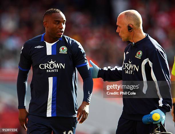 Benedict McCarthy of Blackburn walks off injured during the Barclays Premier League match between Arsenal and Blackburn Rovers at Emirates Stadium on...