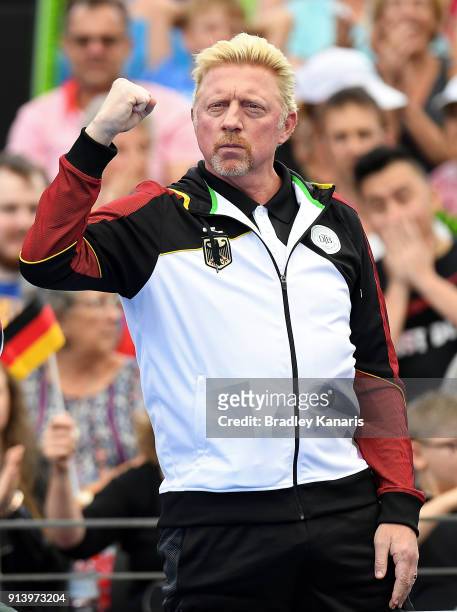 Boris Becker of Germany celebrates a point by Alexander Zverev of Germany in the match against Nick Kyrgios of Australia during the Davis Cup World...