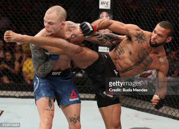 Thiago Santos of Brazil kicks Anthony Smith in their middleweight bout during the UFC Fight Night event at Mangueirinho Arena on February 03, 2018 in...