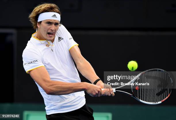 Alexander Zverev of Germany plays a backhand in the match against Nick Kyrgios of Australia during the Davis Cup World Group First Round tie between...