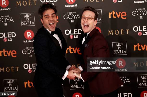 Comedians Ernesto Sevilla and Joaquin Reyes attend the 32th edition of the Goya Awards ceremony in Madrid, Spain on February 04, 2018.