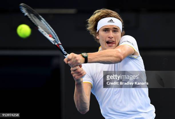 Alexander Zverev of Germany plays a backhand in the match against Nick Kyrgios of Australia during the Davis Cup World Group First Round tie between...