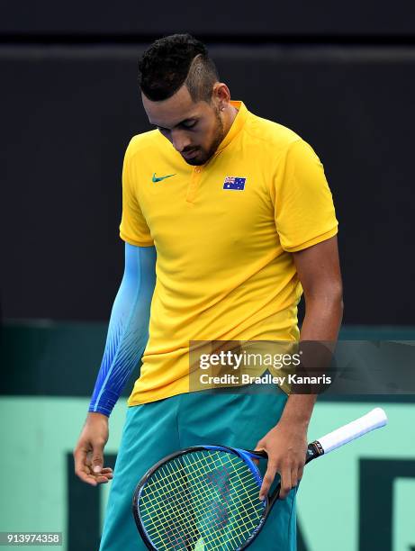 Nick Kyrgios of Australia looks dejected in the match against Alexander Zverev of Germany during the Davis Cup World Group First Round tie between...