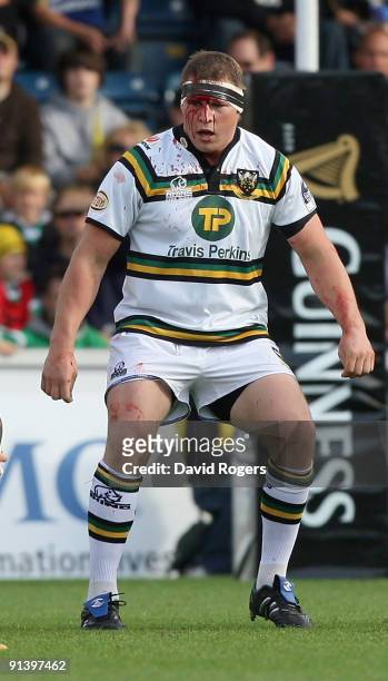 Dylan Hartley, the Northampton captain covered in blood during the Guinness Premiership match between London Wasps and Northampton Saints at Adams...