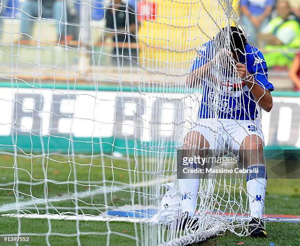 Nicola Pozzi of UC Sampdoria inside the net during the Serie A match between UC Sampdoria and FC Parma at Stadio Luigi Ferraris on October 4, 2009 in...