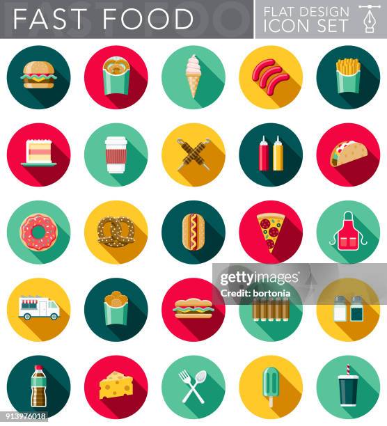ilustraciones, imágenes clip art, dibujos animados e iconos de stock de conjunto de iconos de comida rápida de diseño plano con sombra lateral - hamburguesa alimento