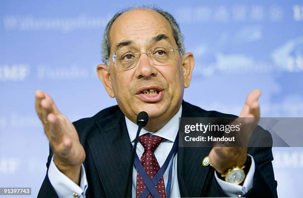 In this handout image supplied by the IMF, Egyptian Finance Minister and Chairman of the IMFC Youssef Boutros-Ghali answer questions during the...