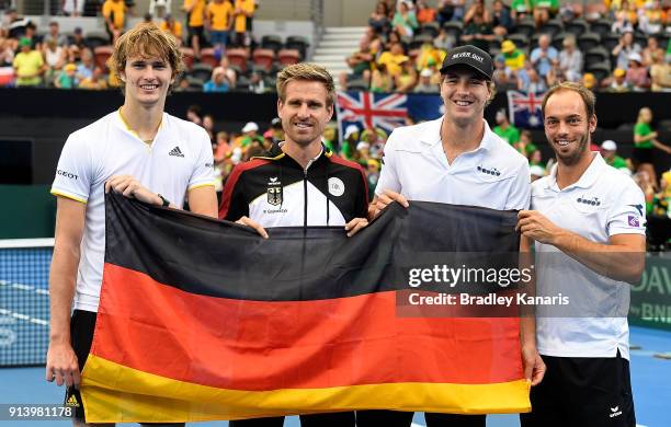Alexander Zverev, Peter Gojowczyk, Jan-Lennard Struff and Tim Putz of Germany celebrate their victory over Ausatralia during the Davis Cup World...