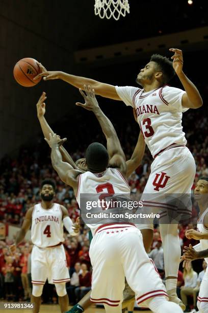 Indiana Hoosier forward Juwan Morgan blocks the shot of Michigan State Spartan guard Cassius Winston during the game between the Michigan State...