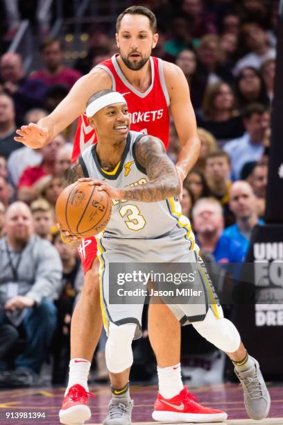 Ryan Anderson of the Houston Rockets guards Isaiah Thomas of the Cleveland Cavaliers during the first half at Quicken Loans Arena on February 3, 2018...