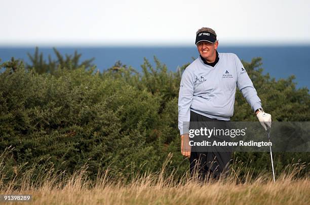 Colin Montgomerie of Scotland looks on during the third round of The Alfred Dunhill Links Championship at Kingsbarns Golf Links on October 4, 2009 in...