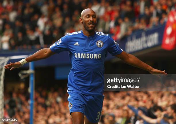 Nicolas Anelka of Chelsea celebrates as he scores their first goal during the Barclays Premier League match between Chelsea and Liverpool at Stamford...