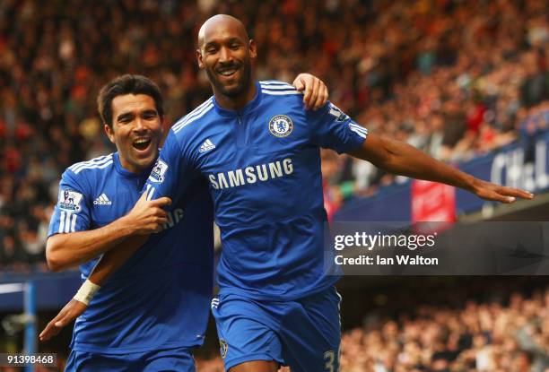 Nicolas Anelka of Chelsea celebrates with Deco as he scores their first goal during the Barclays Premier League match between Chelsea and Liverpool...