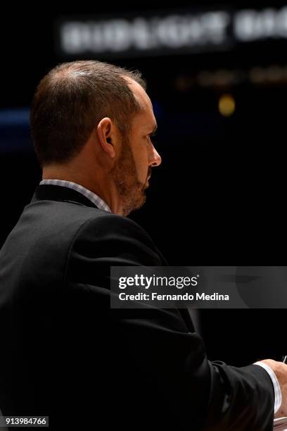 Coach Frank Vogel of the Orlando Magic watches on during the game against the Washington Wizards on February 3, 2018 at Amway Center in Orlando,...