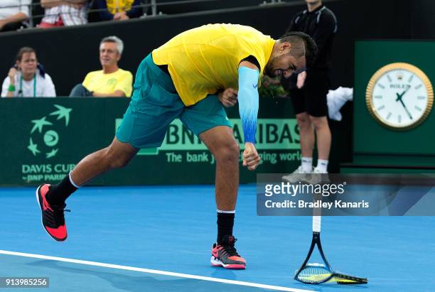 Nick Kyrgios of Australia loses his temper as he smashes his racket in the match against Alexander Zverev of Germany during the Davis Cup World Group...
