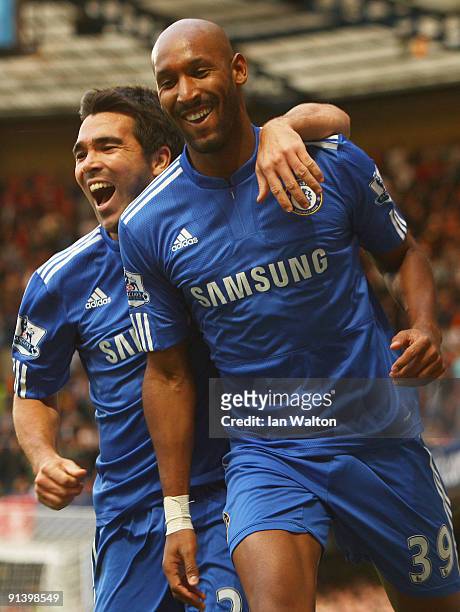 Nicolas Anelka of Chelsea celebrates with Deco as he scores their first goal during the Barclays Premier League match between Chelsea and Liverpool...