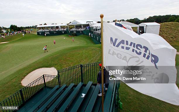 Jill McGill and Anna Grzebien walk to the 18th green during final round play in the Navistar LPGA Classic at the Robert Trent Jones Golf Trail at...