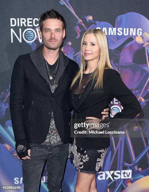 Actors Christopher Backus and Mira Sorvino attend the 2018 DIRECTV NOW Super Saturday Night Concert at NOMADIC LIVE! at The Armory on February 3,...