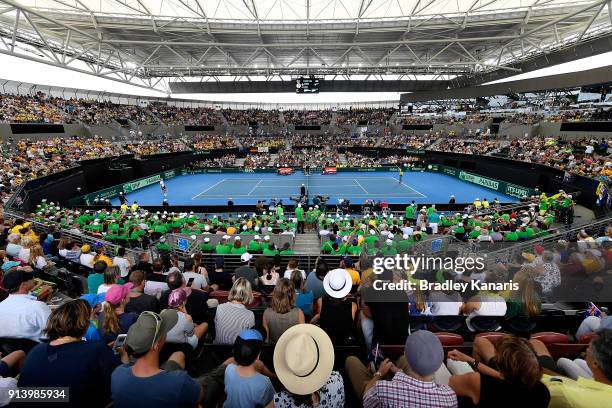 General view of the stadium is seen during the Davis Cup World Group First Round tie between Australia and Germany at Pat Rafter Arena on February 4,...