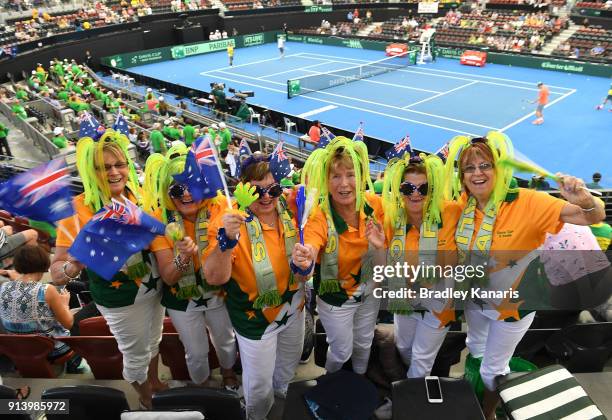 Australian fans show their colours during the Davis Cup World Group First Round tie between Australia and Germany at Pat Rafter Arena on February 4,...