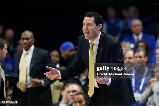 Head coach Bryce Drew of the Vanderbilt Commodores reacts against the Kentucky Wildcats during the second half at Rupp Arena on January 30, 2018 in...