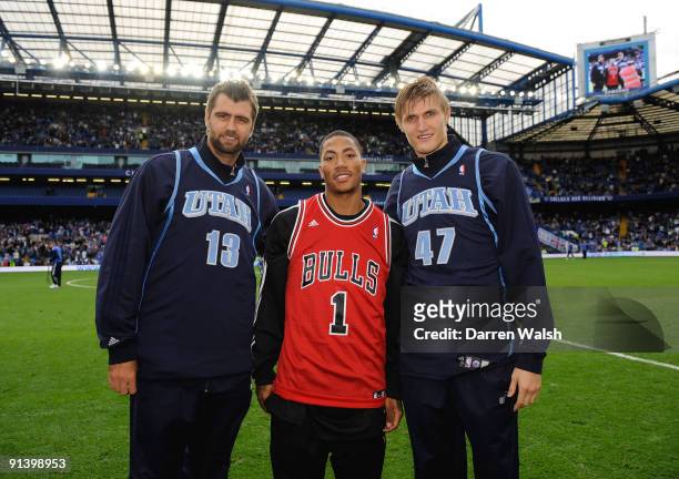 Players Mehmet Okur, Derrick Rose and Andrei Kirilenko at half time during the Barclays Premier League match between Chelsea and Liverpool at...