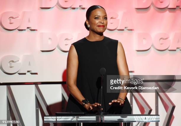 Actor Aisha Tyler speaks onstage during the 70th Annual Directors Guild Of America Awards at The Beverly Hilton Hotel on February 3, 2018 in Beverly...