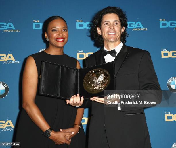 Actor Aisha Tyler and director Brian Smith, winner of the award for Outstanding Directorial Achievement in Reality Programs for the 'Master Chef'...