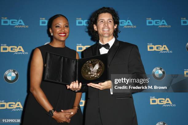 Actor Aisha Tyler and director Brian Smith, winner of the award for Outstanding Directorial Achievement in Reality Programs for the 'Master Chef'...