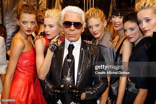 Karl Lagerfeld with models during his Pret a Porter show as part of the Paris Womenswear Fashion Week Spring/Summer 2010 Jardin des Tuileries on...