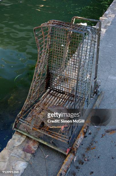 rusted shopping trolley retrieved from sullivans creek, australian national university, acton, australian capital territory, australia - mcgill university stock pictures, royalty-free photos & images