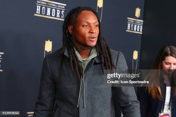 DeAndre Hopkins poses for photographs on the Red Carpet at NFL Honors during Super Bowl LII week on February 3 at Northrop at the University of...