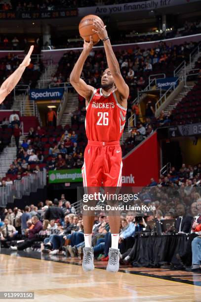 Markel Brown of the Houston Rockets shoots the ball against the Cleveland Cavaliers on February 3, 2018 at Quicken Loans Arena in Cleveland, Ohio....