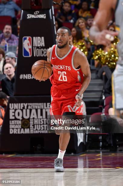 Markel Brown of the Houston Rockets handles the ball against the Cleveland Cavaliers on February 3, 2018 at Quicken Loans Arena in Cleveland, Ohio....