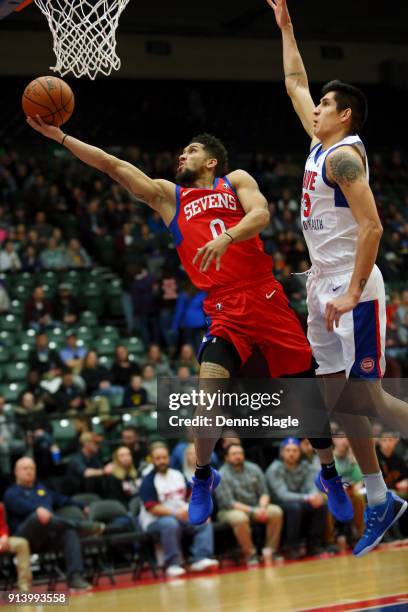 Askia Booker of the Delaware 87ers takes a shot against the Grand Rapids Drive at The DeltaPlex Arena for the NBA G-League on FEBRUARY 03, 2018 in...