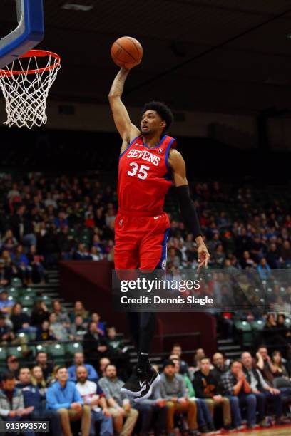 Christian Wood of the Delaware 87ers dunks the ball against the Grand Rapids Drive at The DeltaPlex Arena for the NBA G-League on FEBRUARY 03, 2018...