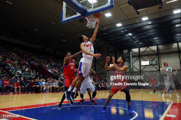 Reggie Hearn of the Grand Rapids Drive takes a shot against the Delaware 87ers at The DeltaPlex Arena for the NBA G-League on FEBRUARY 03, 2018 in...