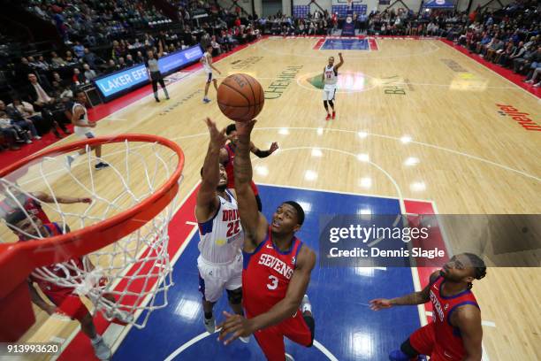 Cameron Oliver of the Delaware 87ers takes a shot against the Grand Rapids Drive at The DeltaPlex Arena for the NBA G-League on FEBRUARY 03, 2018 in...