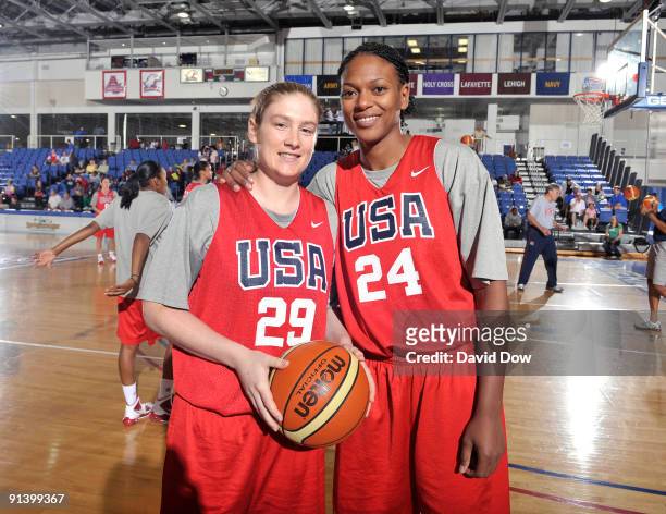 Lindsay Whalen and Asjha Jones of the Women's USA Basketball team pose for a photo during the National Team Fall Training Camp on October 4, 2009 at...