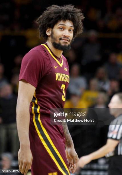 Forward Jordan Murphy of the Minnesota Gophers looks on during the first half against the Iowa Hawkeyes on January 30, 2018 at Carver-Hawkeye Arena,...