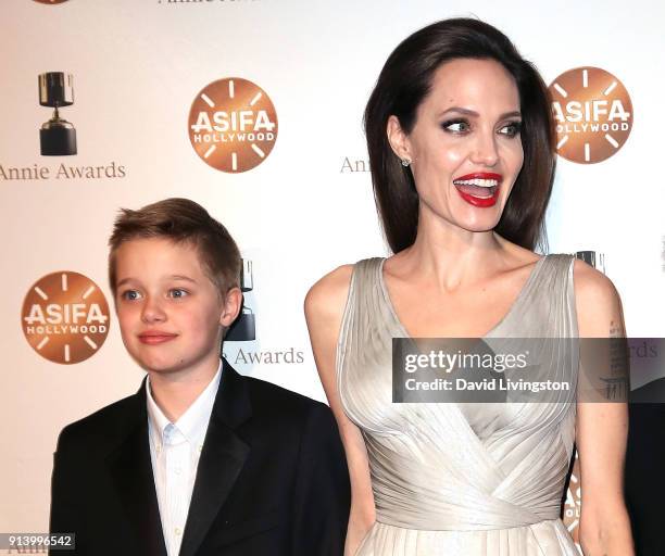 Shiloh Nouvel Jolie-Pitt and mother actress Angelina Jolie attend the 45th Annual Annie Awards at Royce Hall on February 3, 2018 in Los Angeles,...